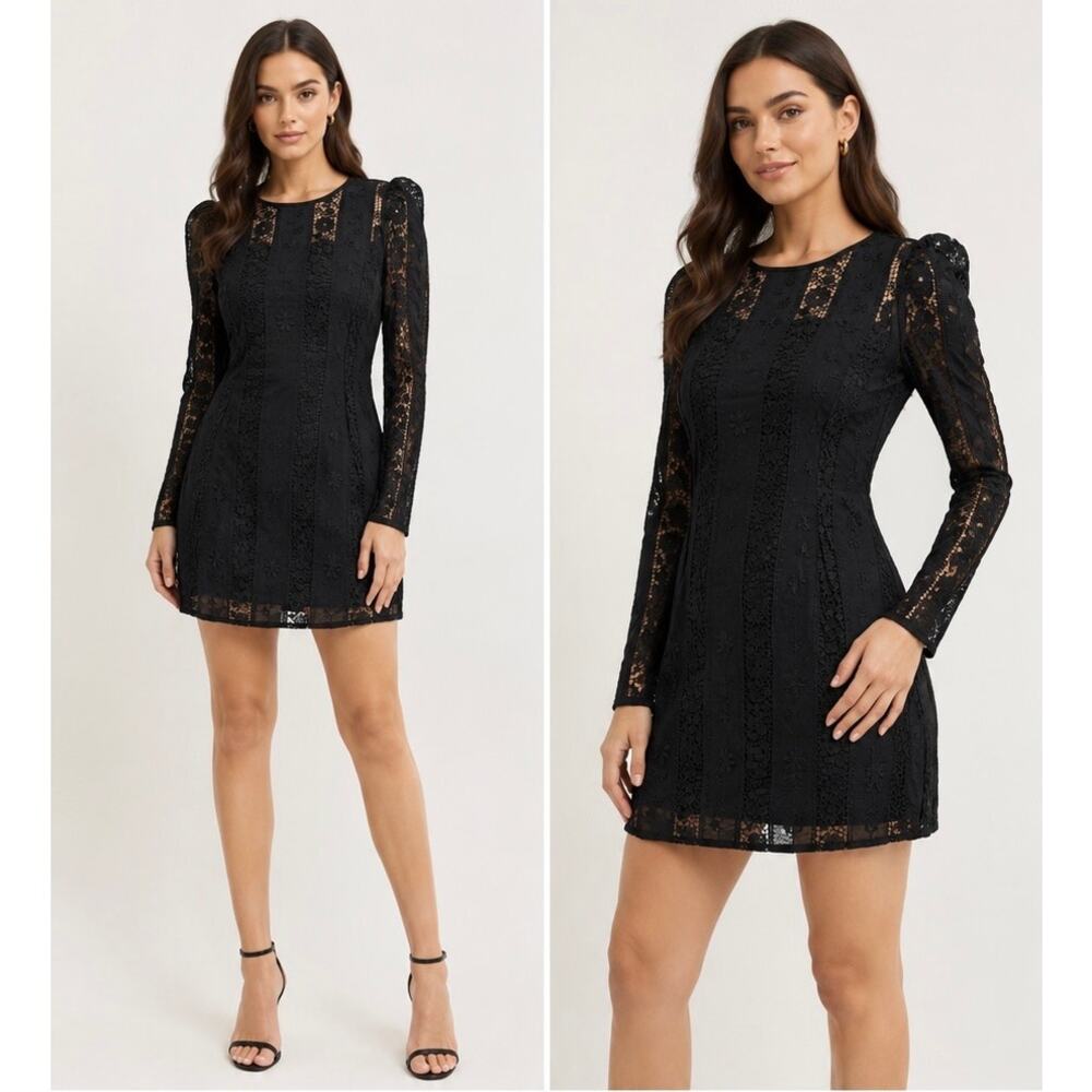 Yumi Kim Women Embroidered Lace Long Sleeve Mini Dress Black Size S 100% Cotton